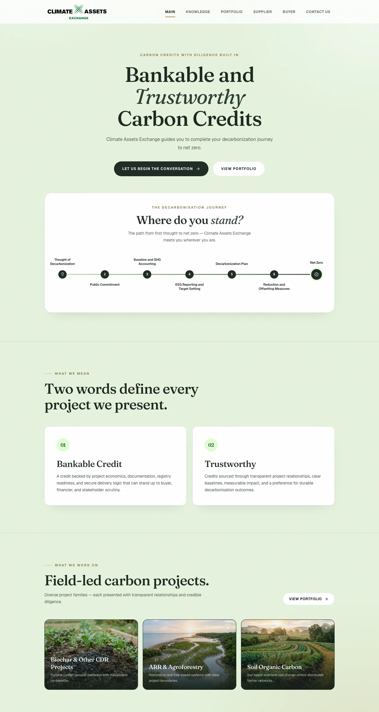 Climate Assets public website with climate-focused content and portfolio sections.